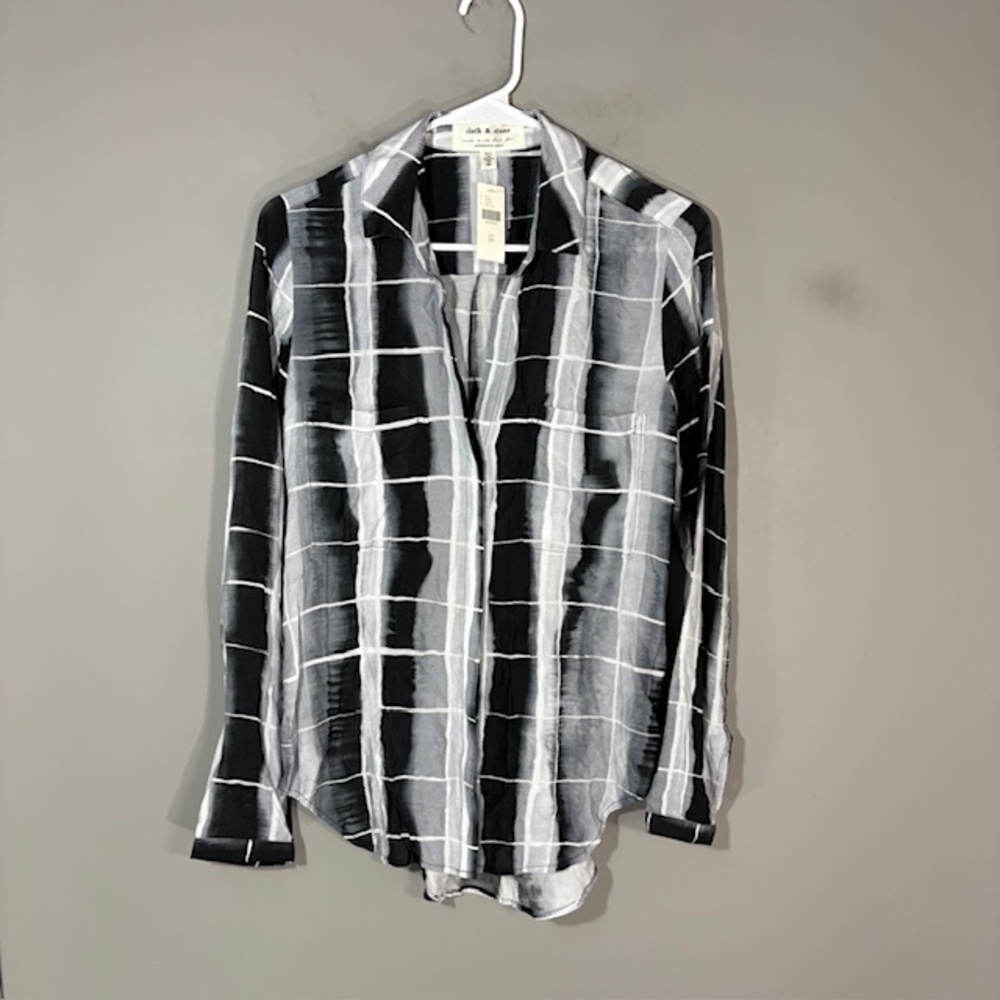 Cloth & Stone Shirt Womens XS Black Gray Plaid Rayon Button Long Sleeve Top